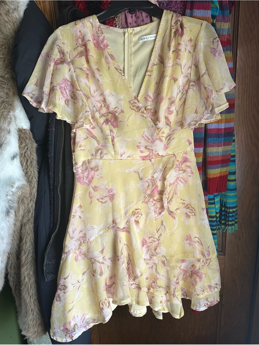 Yellow Floral Wrap Dress with Flutter Sleeves